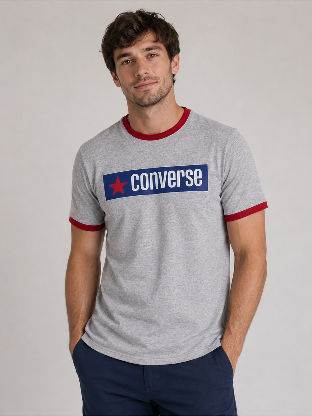 Converse Men's Grey Ringer Logo Tee with Red Trim - Size XL